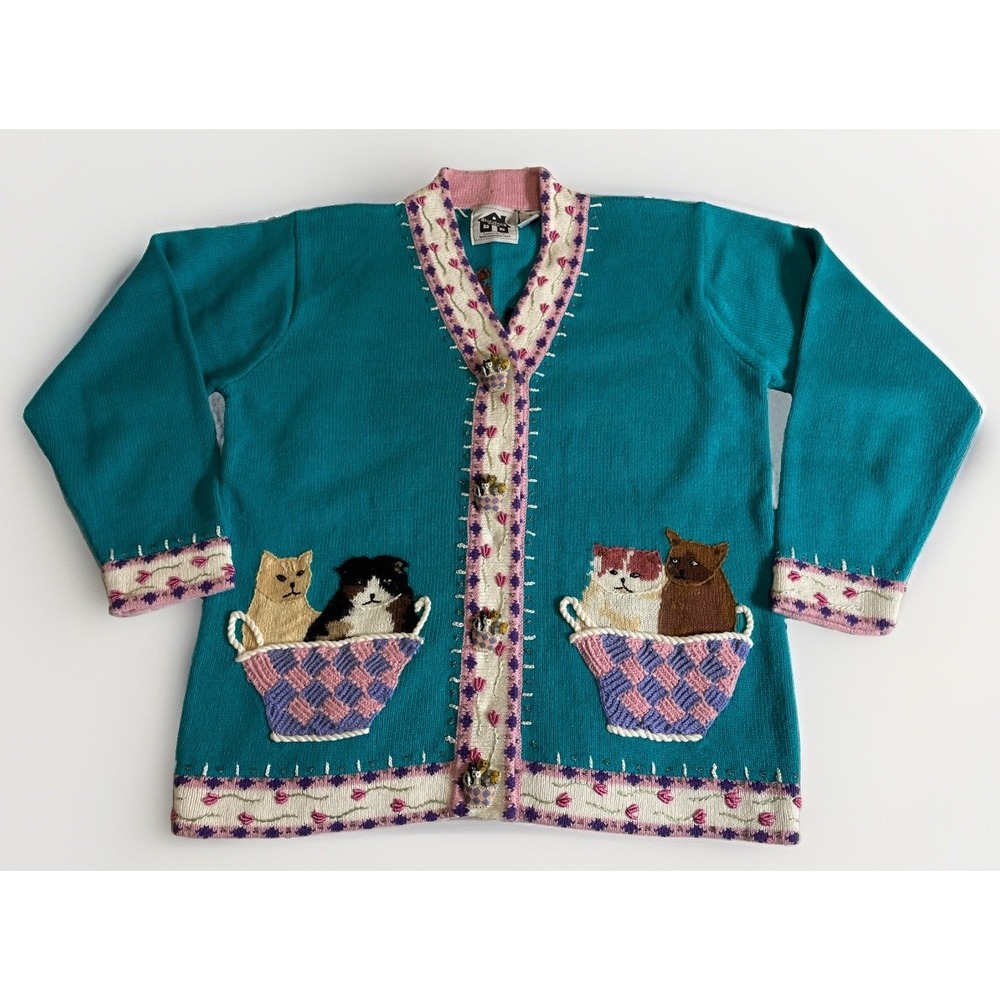 Storybook Knits Kitties In Teacups Button Up Embroidered Cardigan Vintage Medium